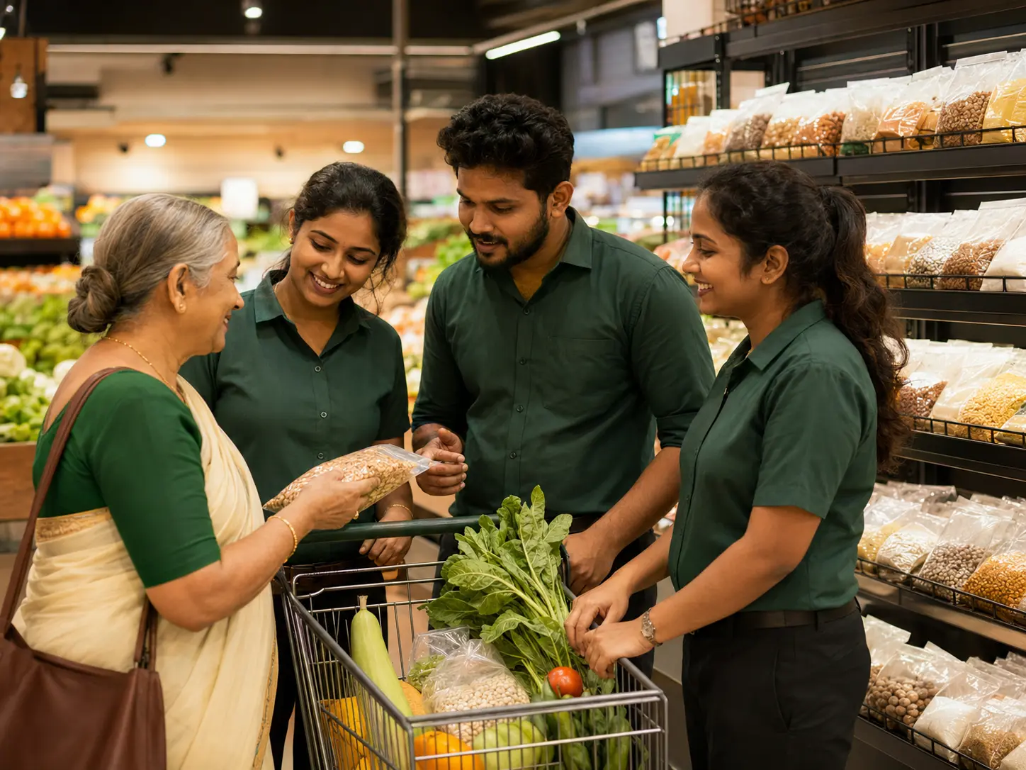 A local supermarket team helping a senior customer