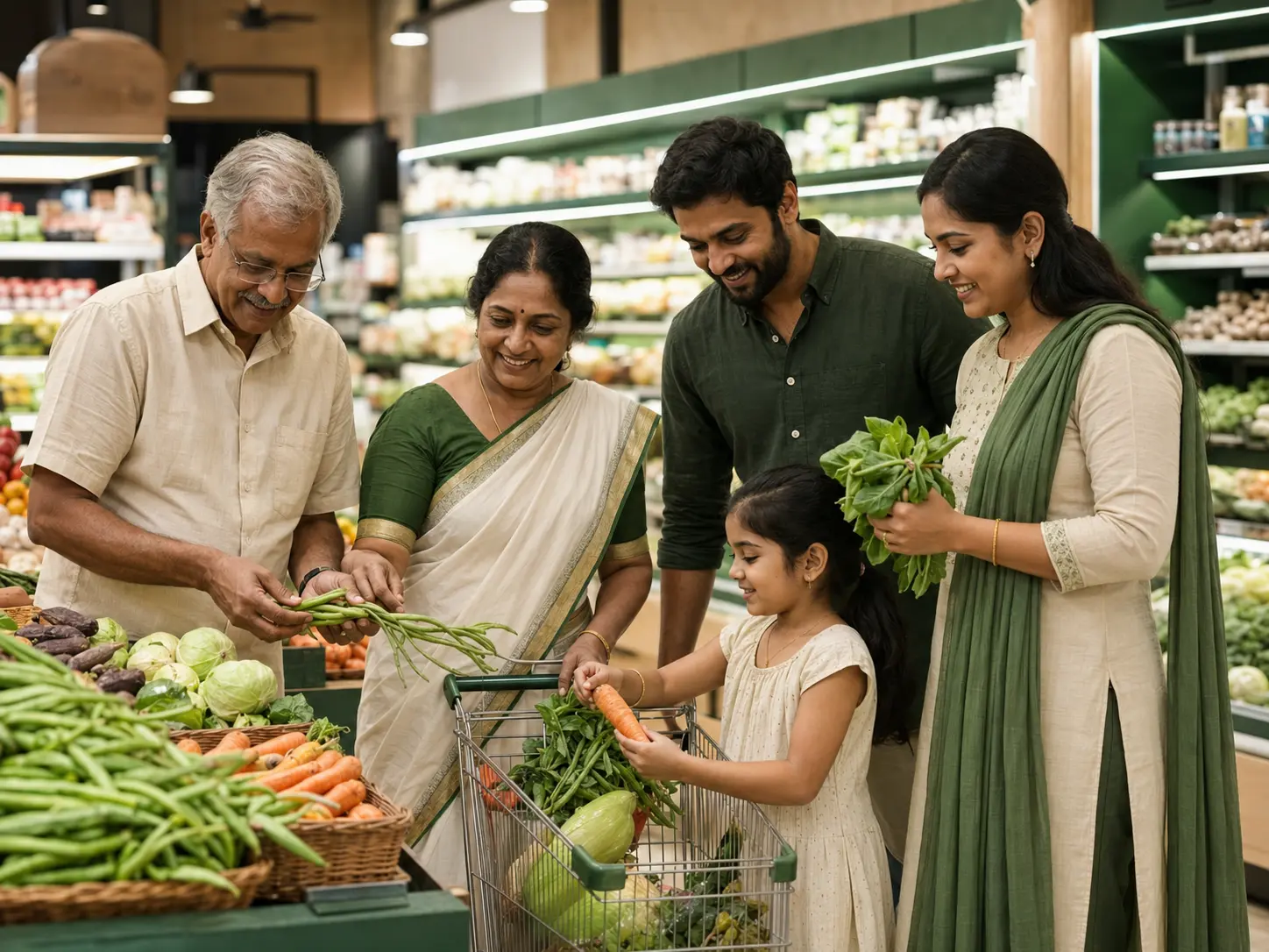 A Kerala family shopping together in a modern supermarket
